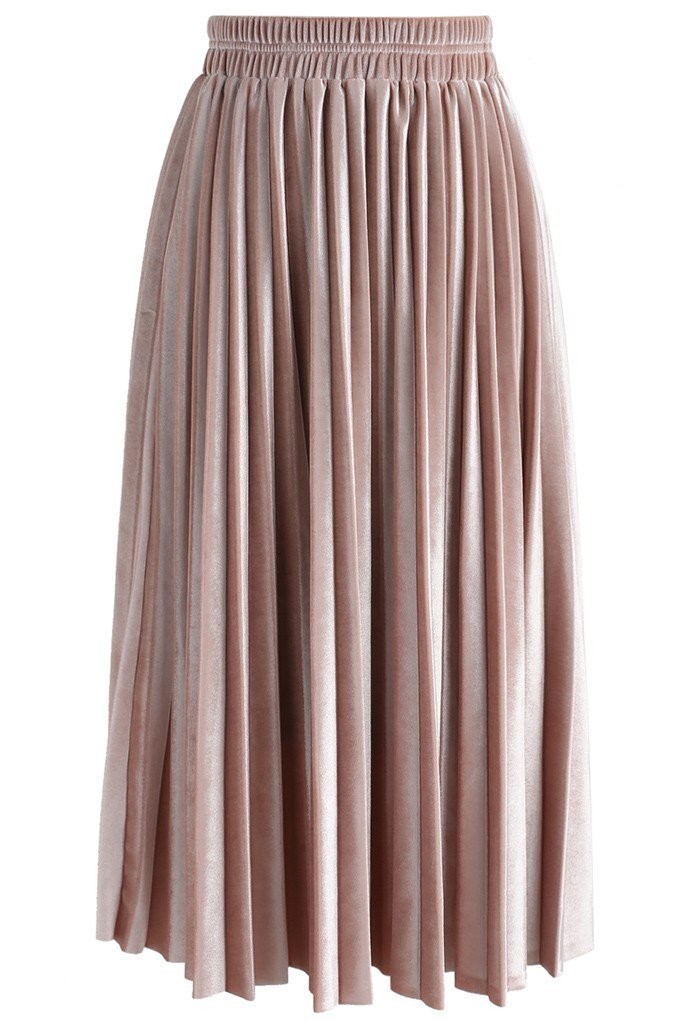 Inviting Sheen Velvet Pleated Skirt in Pink | Chicwish
