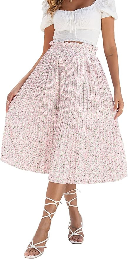 Naggoo Women's Skirts High Elastic Waisted Casual Skirt Pleated Floral/Solid Midi Skirts with Poc... | Amazon (US)
