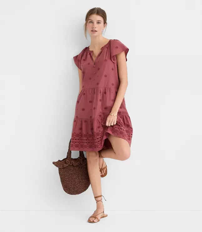 Eyelet Flutter Tiered Mini Dress | LOFT