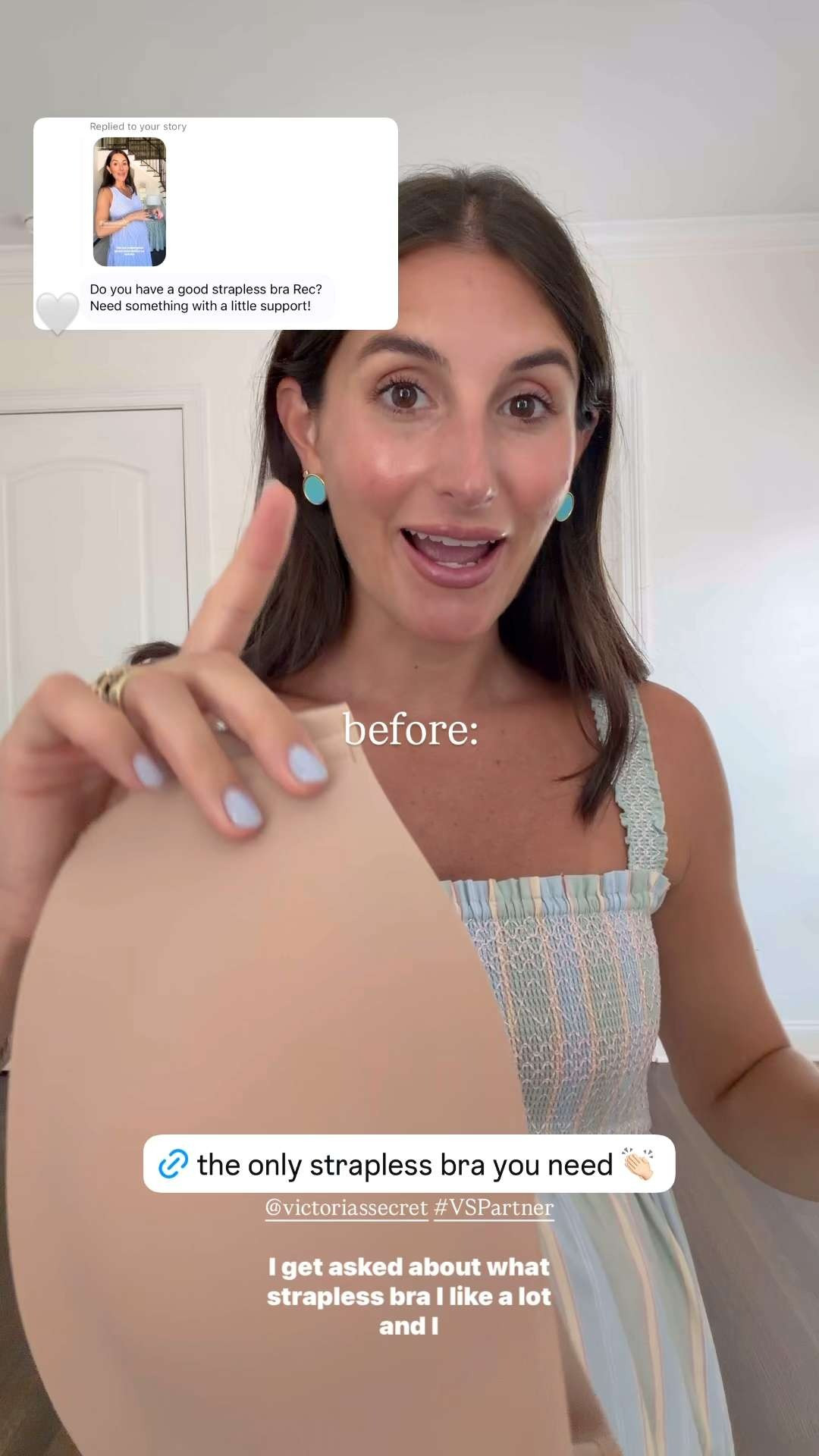 This @victoriassecret Bandeau is the only strapless bra I own 👏🏻 its comfortable, seamless, supportive & it has a no slip technology that keeps it in place!+ I also grabbed some pajama sets & the softest sleepshirt that I will be living in postpartum!! #VSPartner 🤍 

 