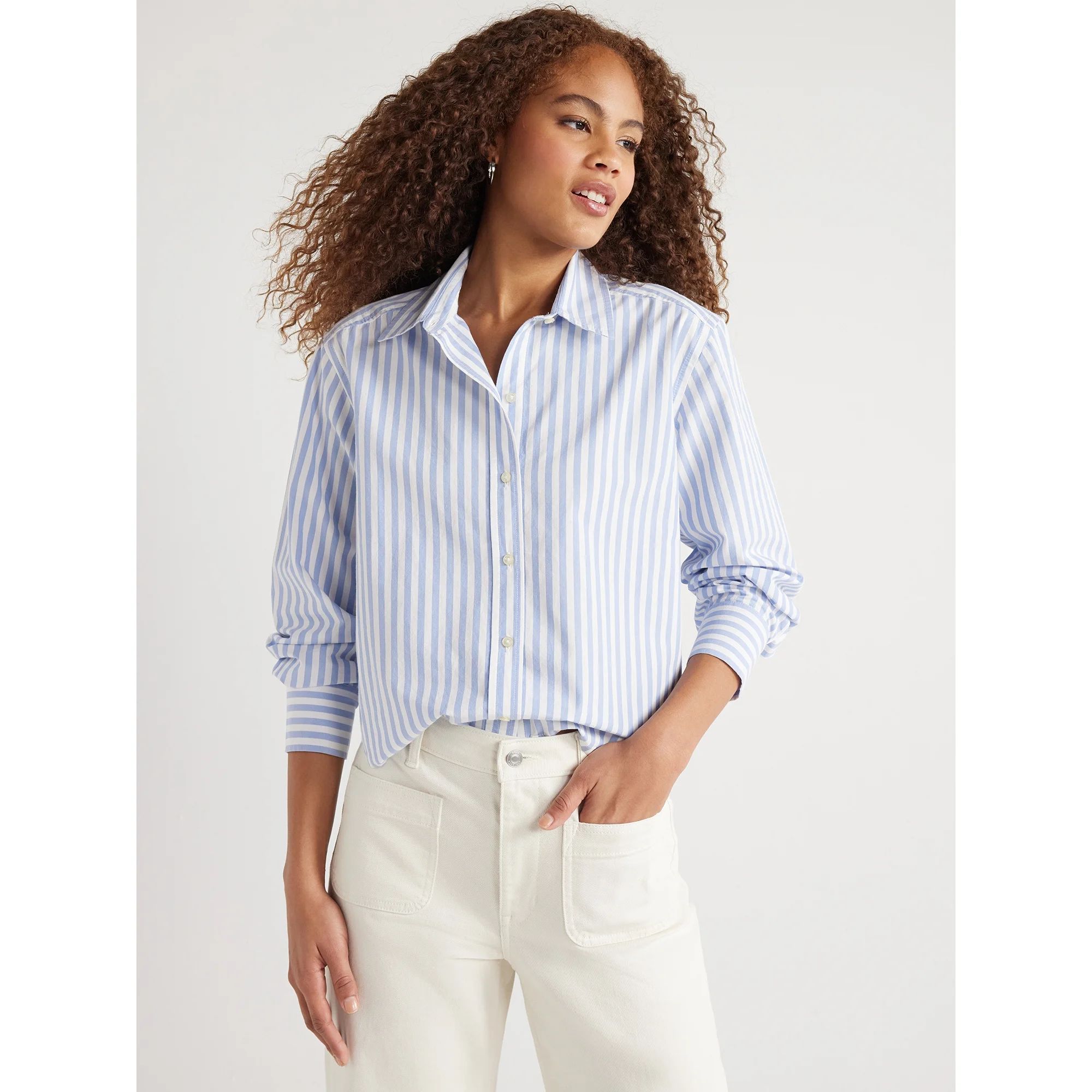 Free Assembly Women’s Cotton Cropped Button Down Shirt with Long Sleeves, Sizes XS-XXL | Walmart (US)