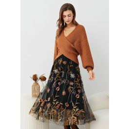 Whimsical Flowers Embroidered Mesh Tulle Midi Skirt in Black | Chicwish
