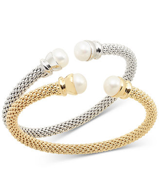 2-Pc. Set Cultured Freshwater Pearl (8 - 8-1/2mm) Mesh Cuff Bangle Bracelets in Sterling Silver &... | Macy's