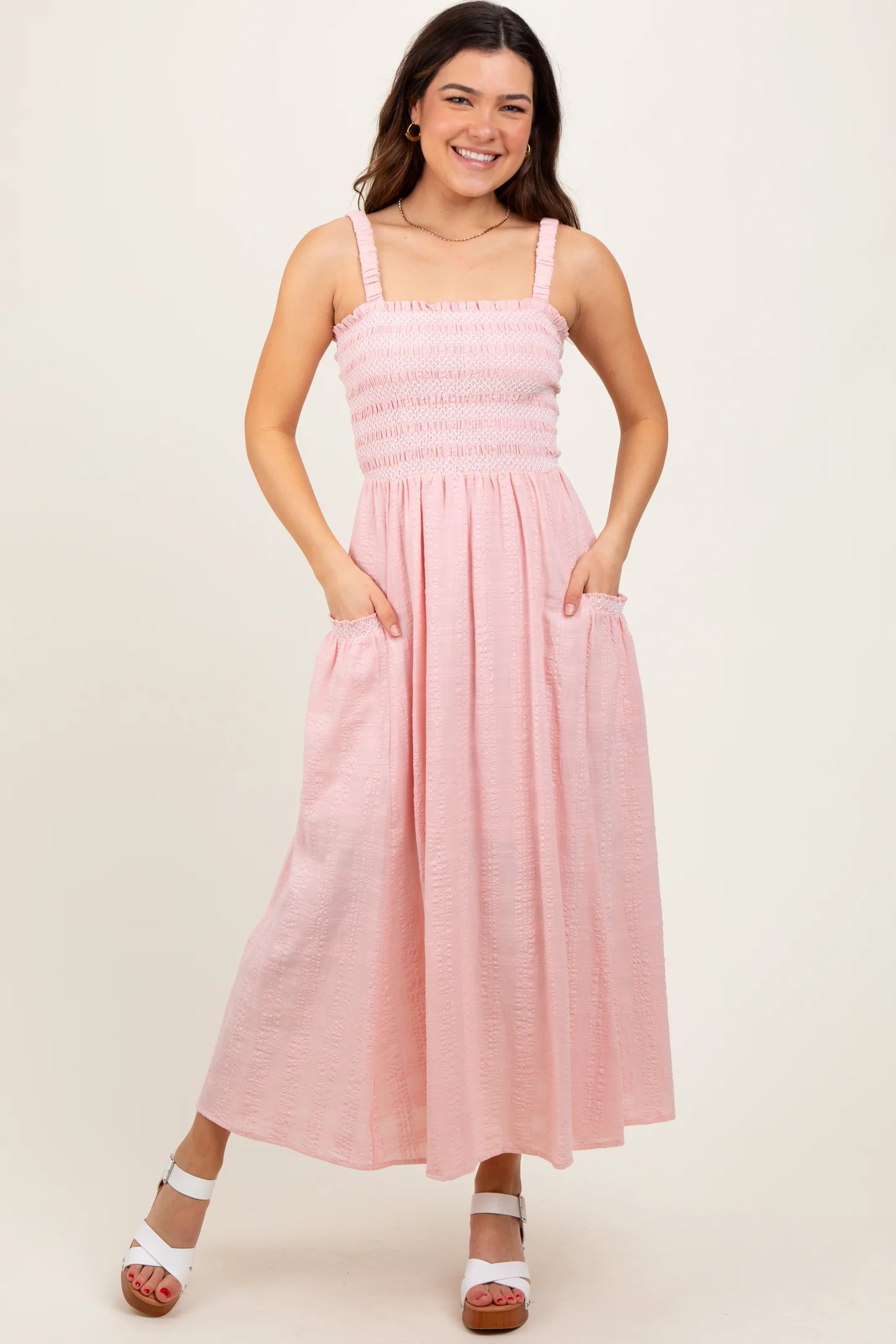 Light Pink Smocked Embroidered Bust Textured Midi Dress | PinkBlush Maternity