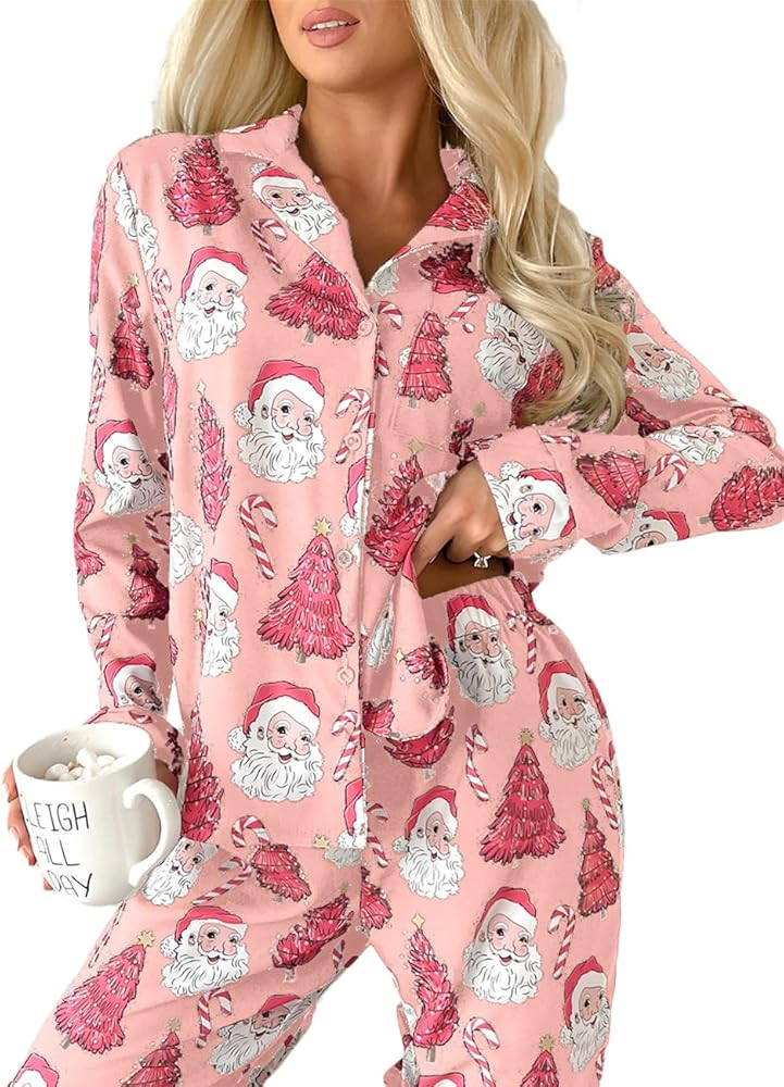 Ecosunny Christmas Santa Pajama Set Women's Long Sleeve Sleepwear Soft Loungewear Two Piece Butto... | Amazon (US)