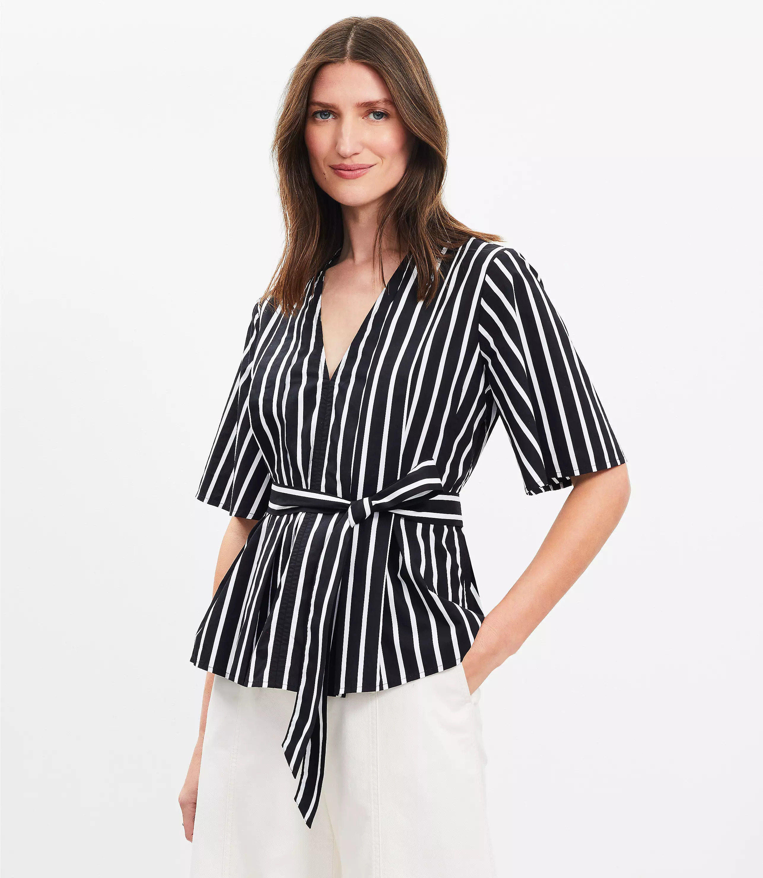 Striped Poplin Pleated Belted Top | LOFT