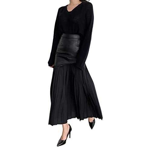 Women's Faux Leather Skirt Long Patchwork A-line Wrap Pleated PU Leather Midi Skirt Bodycon (Color : 51, Size : Small) | Amazon (US)