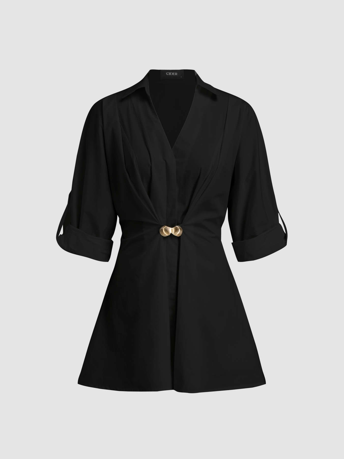 Woven 100% Cotton V-neck Shell Metal Detail Mini Dress For Work | Cider