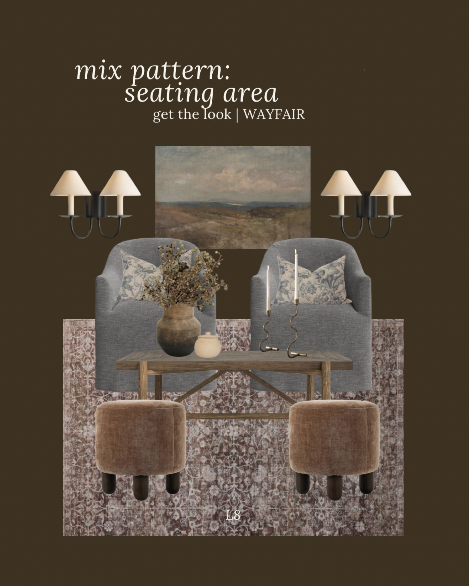 Mixed pattern, seating area, small sized accent chair, my very favorite Ottomans, floral rug. I have two of these really love the tones, double wall, sconces, moody, art, floral, throw pillow, rustic vase, I also own this coffee table and it’s literally one of my favorites

#LTKStyleTip #LTKHome #LTKSaleAlert