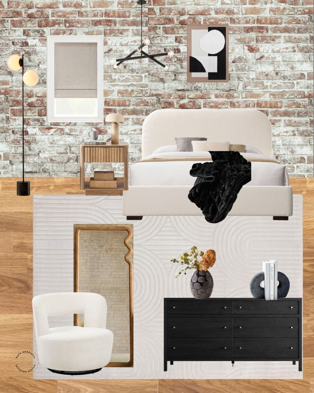 Affordable bedroom design, white boucle queen bed, neutral rug, black dresser, white accent chair and curvy floor mirror, fluted nightstand from Wayfair and black & white wall art. Lighting from West Elm. #homedecor #monochrome #bedroom

#LTKStyleTip #LTKFamily #LTKHome