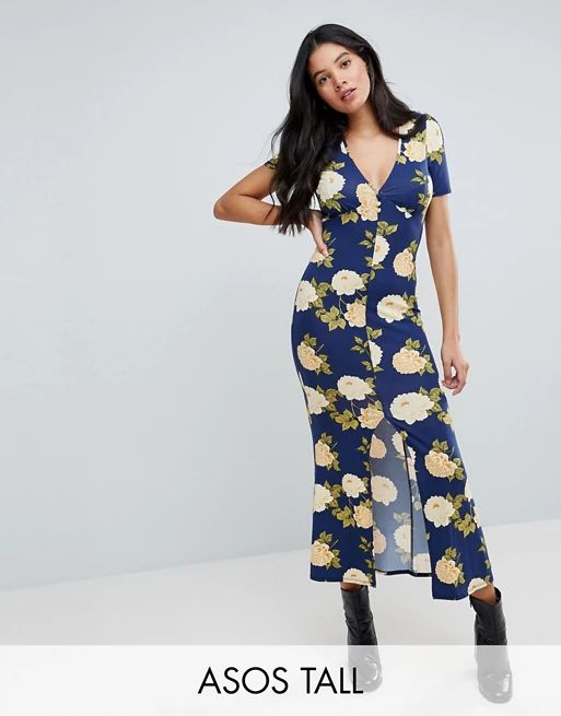 ASOS TALL City Maxi Tea Dress with V Neck and Button Detail in Blue Floral Print | Asos AU