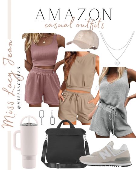 Amazon casual outfits include two piece sets, silver necklace, baseball hat, sneakers, casual bag, tumbler, silver earrings. 

Spring outfit, summer outfit, casual outfit, work from home outfit 

#LTKstyletip #LTKfindsunder100 #LTKshoecrush