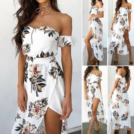 Women Boho Floral Maxi Off Shoulder Long Dress Evening Party Slit Spilt Sundress | Walmart (US)