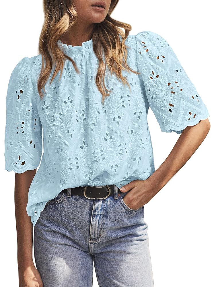 PRETTYGARDEN Summer Tops for Women 2025 Trendy Short Sleeve Eyelet Embroidered Dressy Casual Blou... | Amazon (US)