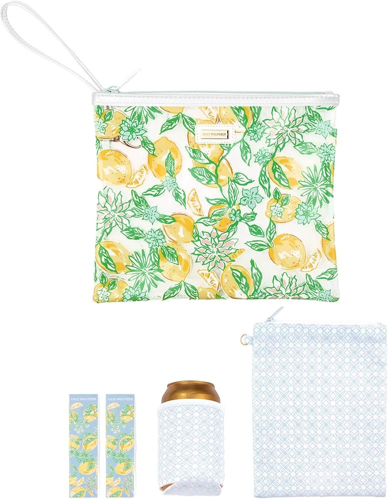 Lilly Pulitzer Water Resistant Vinyl Beach Day Pouch, Zipper Bag Includes Drink Hugger, Small Pou... | Amazon (US)