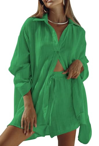 VamJump Women's 2 Piece Outfits Oversized Long Sleeve Button Down Shirts Shorts Casual Matching Set, Verdant L | Amazon (US)