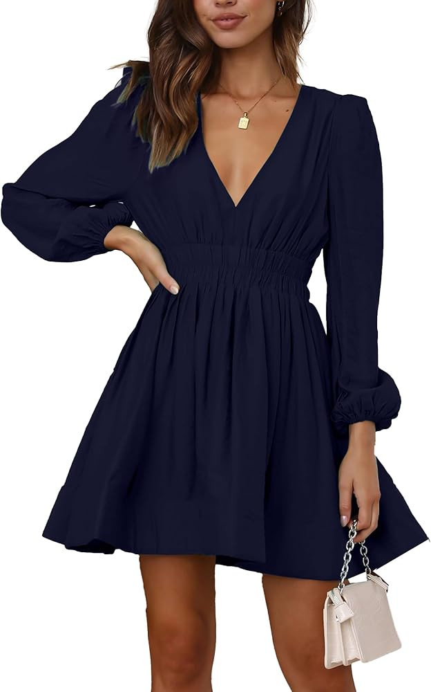 FAIABLE Mini Deep V Sexy Long Sleeve Dress for Women A-line High Waisted Casual Flowy Dress for C... | Amazon (US)