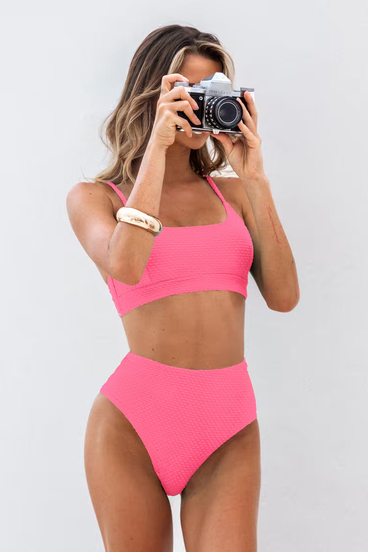 Textured Scoop Neck Bikini Top & High-Rise Bottoms Set | Cupshe US