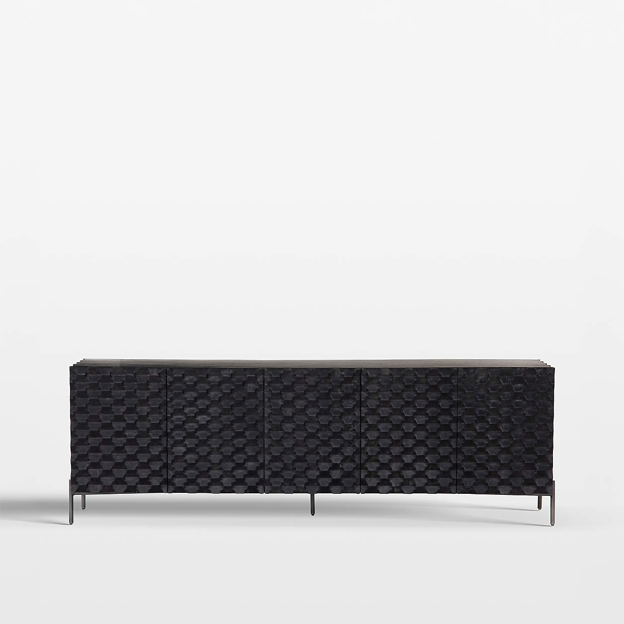 Raffael 82" Black Carved Wood Storage Media Console + Reviews | Crate & Barrel | Crate & Barrel
