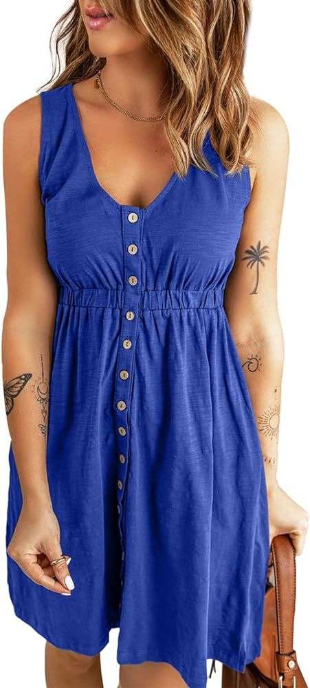 BLENCOT Women's Casual Sleeveless T-Shirt Dresses Summer V Neck Button Down Swing Short Dress | Amazon (US)