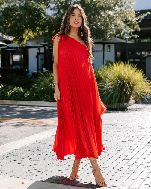 Melina Satin One Shoulder Pleated Midi Dress - Red | VICI