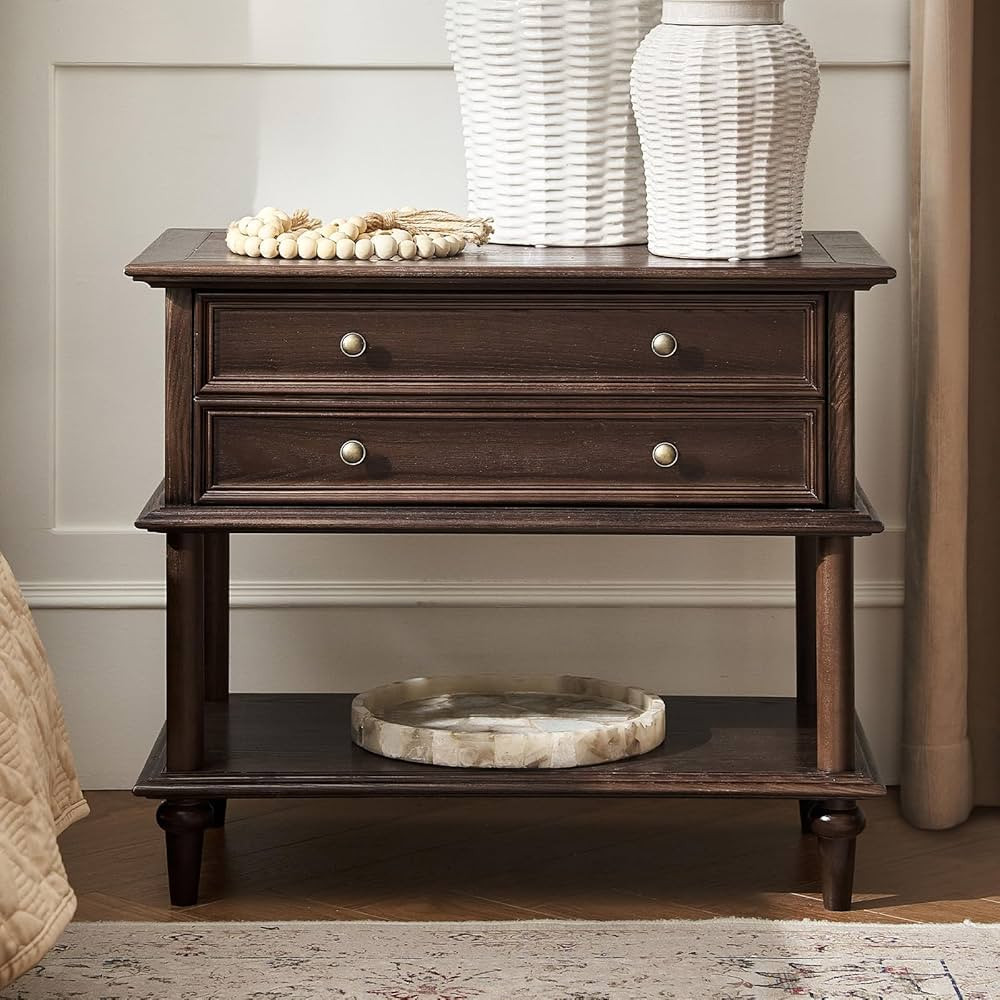 HULALA HOME Bedroom Nightstand with Solid Wood Frame, Walnut Bedside Table with Charging Station,... | Amazon (US)