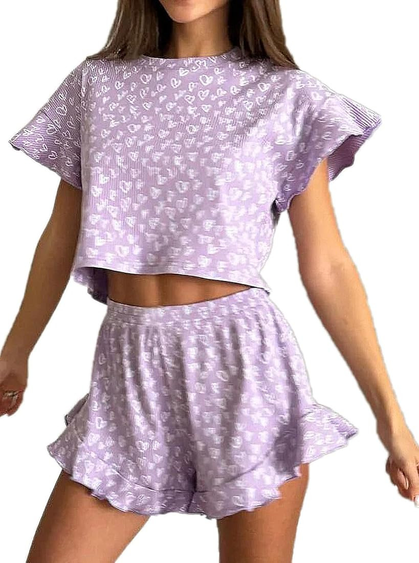 Remidoo Women's Ruffle Pajama Set Heart Print Rib Knit Short Sleeve Pajamas Shorts Set | Amazon (US)