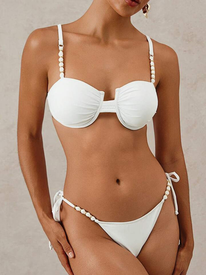 Swim Basics 2pcs White Pearl Embellished Soft Cup Halter Crop Top And Low Rise Bikini Bottoms Sexy Swimsuit Set, Summer | SHEIN