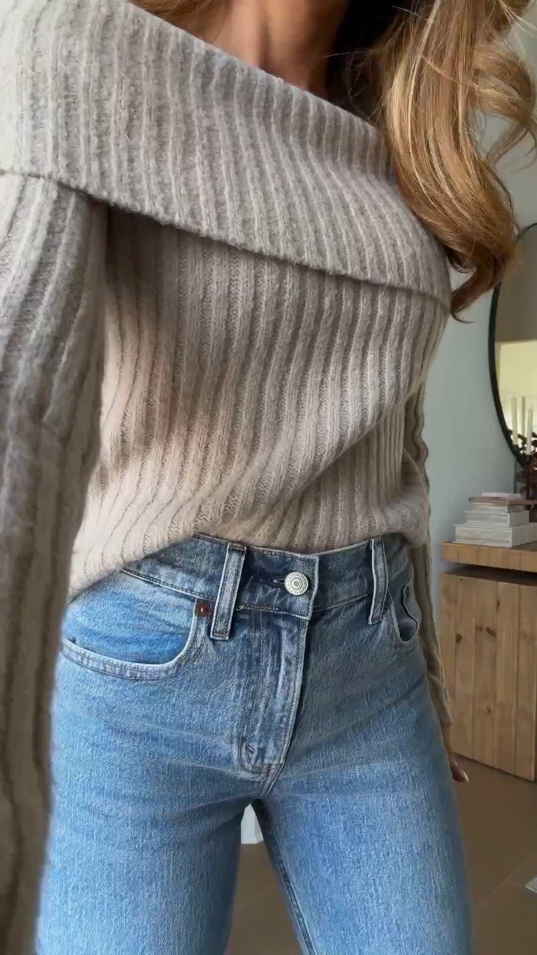 last day to use code DENIMAF, wearing a 25 regular in the jeans and a xs in the sweater.