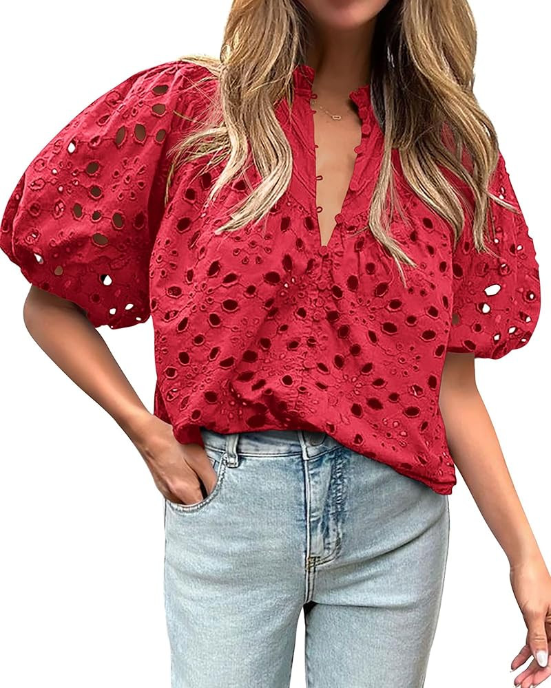 BTFBM Womens Casual Summer Blouse 2025 Hollow Out Eyelet Embroidery Tops V Neck Buttons Puff Shor... | Amazon (US)