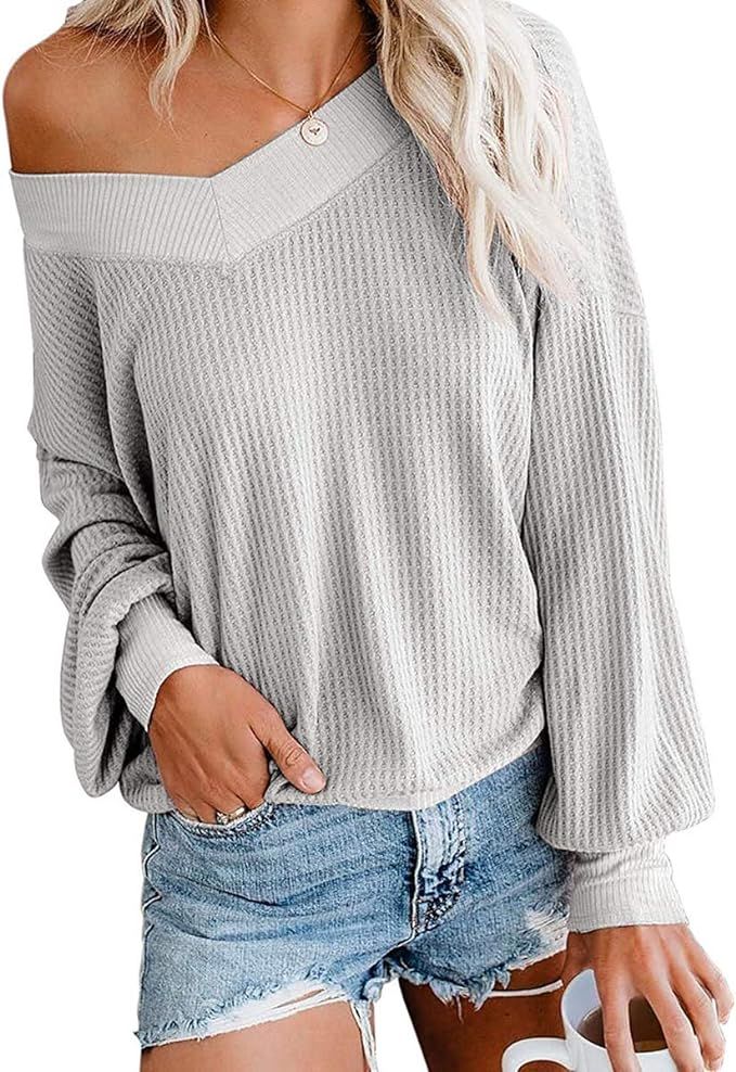 Shaoroua Womens V Neck Long Sleeve Waffle Knit Tops Off Shoulder Pullover Sweaters | Amazon (US)