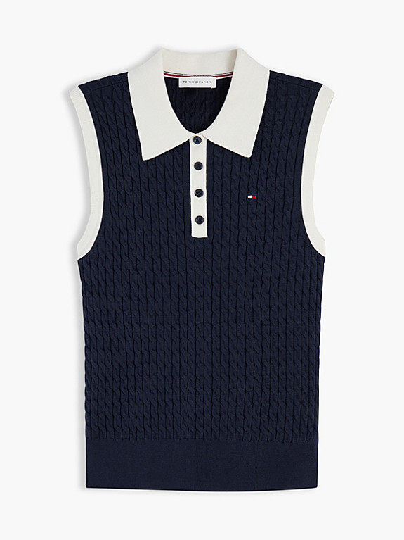 Cable Knit Slim Sleeveless Polo Jumper | Blue | Tommy Hilfiger | Tommy Hilfiger UK
