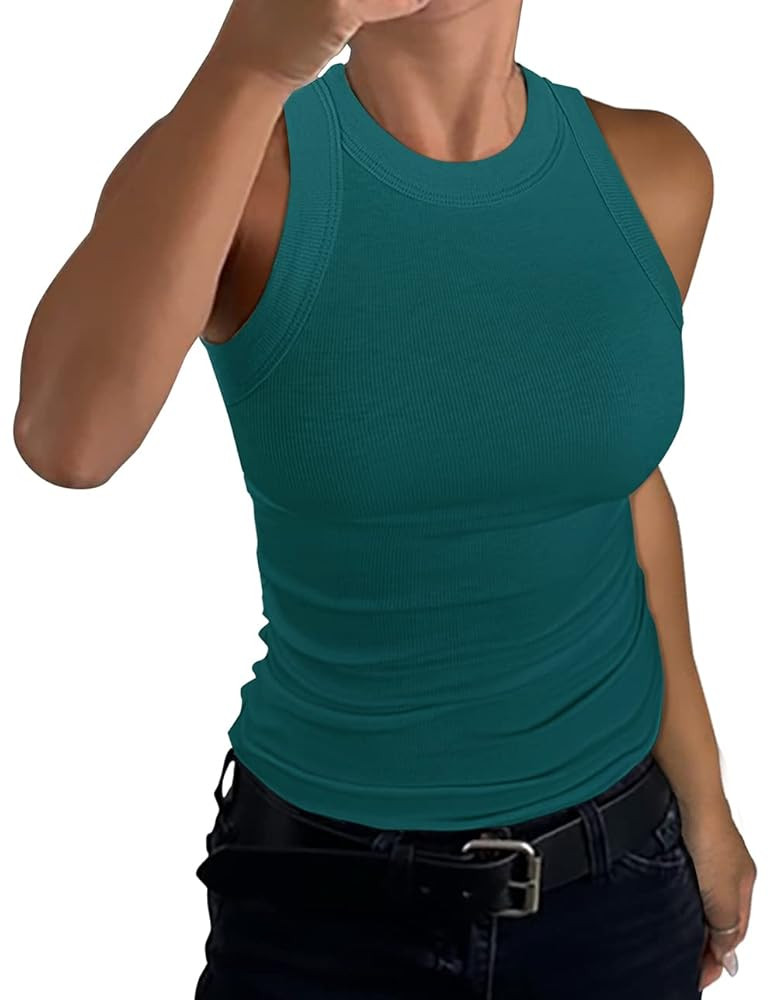 GEMBERA Womens Sleeveless Racerback High Neck Casual Basic Cotton Ribbed Fitted Tank Top | Amazon (US)