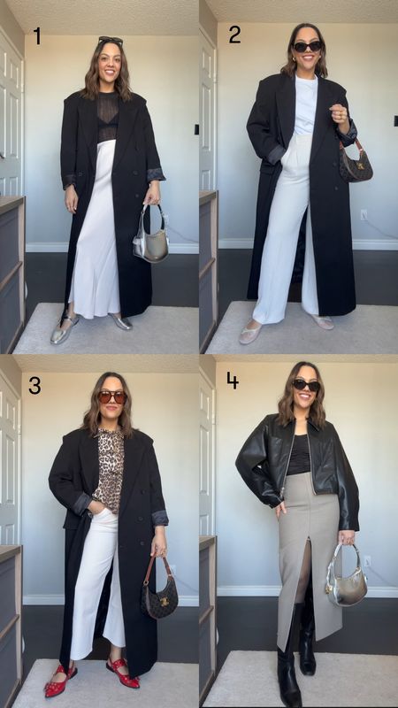 Spring outfit ideas! Details below:

Coat in outfits 1-3 is from the Frankie shop. A long collared black coat, similar linked. 

Outfit 1:
-Dissh sheer T-shirt m, I have a medium 
-Black triangle bra from Aritzia, I have a medium 
-Cream silky maxi skirt from Anthropologie, I have a medium 
-Silver Mary Jane flats from Sam Edelman
-Silver Ganni shoulder bag 

Outfit 2:
—White high rise tailored trousers/ dress pants. These are the Aritzia effortless pants, I have a size 10 
-White T-shirt from Uniqlo, I have a large 
-White mesh Dolce Vita ballet flats
—Celine Ava bag

Outfit 3:
-Ganni tie front leopard print puff sleeve blouse, I have a size 40
-Cream straight leg ankle jeans from Mother denim
-Brown aviator sunglasses 
-Steve Madden red pointed toe flats

Outfit 4:
-Faux leather bomber jacket
-Wool midi skirt 
-Black tank top from Aritzia 



#LTKfindsunder100 #LTKSeasonal #LTKstyletip