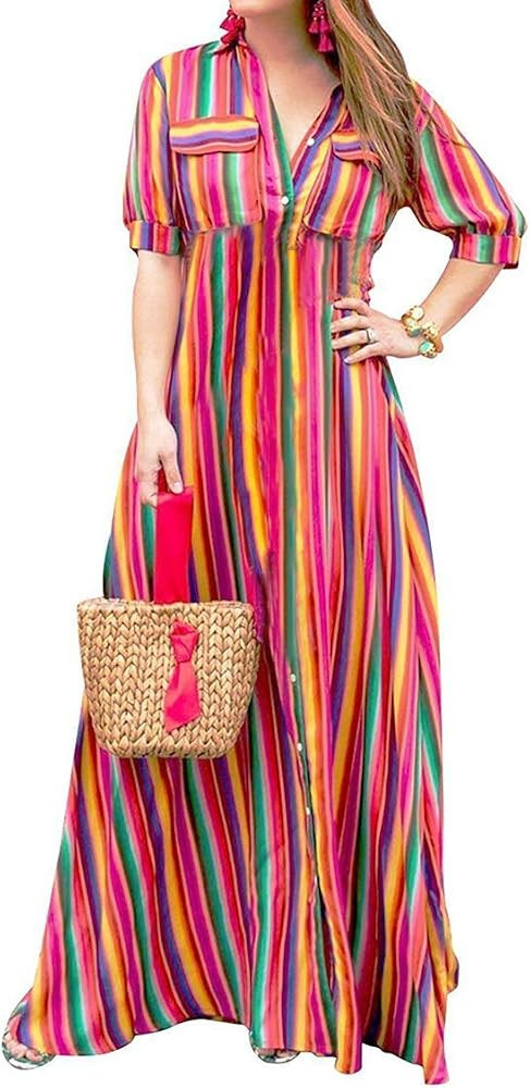 Swing Fashion Dress Colorful Stripes Printed Flowy Casual Dress for Women | Amazon (US)