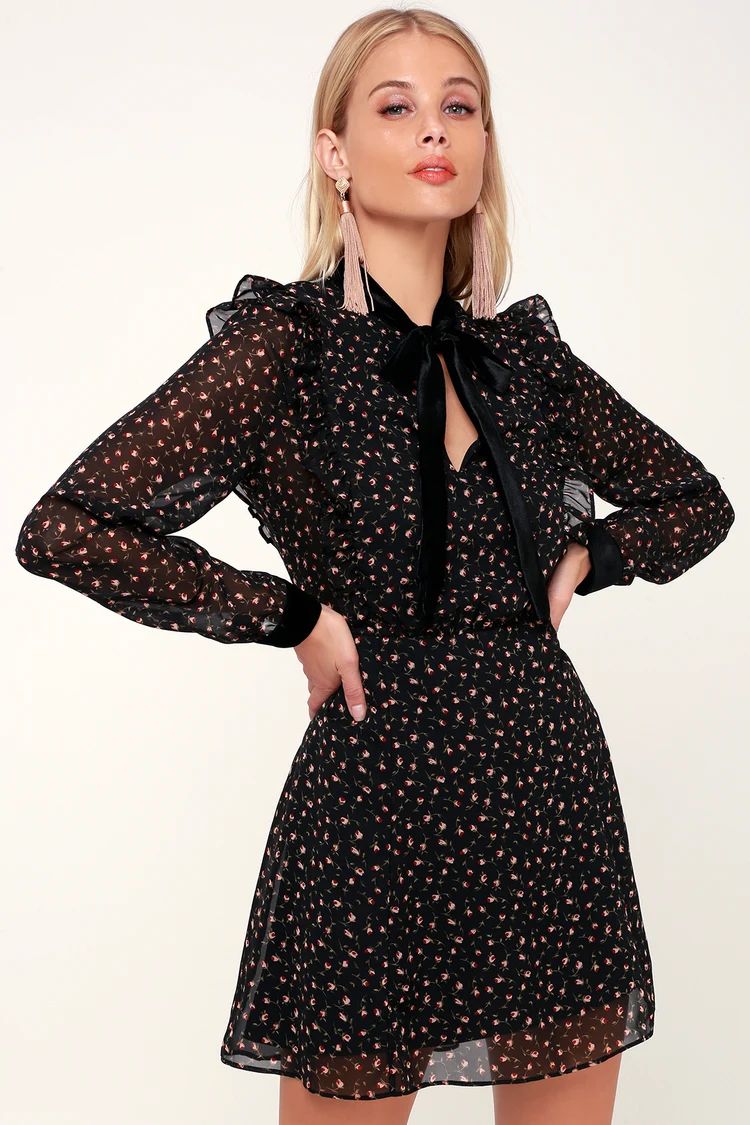 Neilsa Black Floral Print Long Sleeve Skater Dress | Lulus