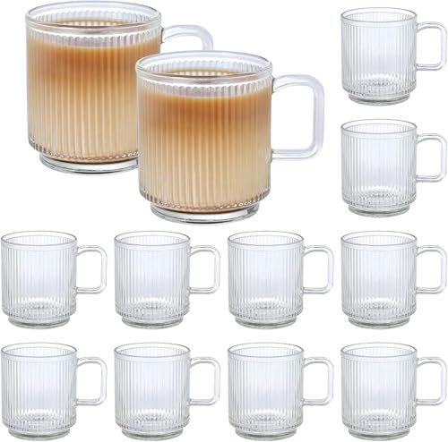 Catsayer 12 PACK Premium Glass Coffee Mugs with Handle, 12 OZ Classic Vertical Stripes Glass Coffee Cups, Transparent Tea Cup for Hot/Cold Beverages, Glassware Set for Americano, Latte, Cappuccino | Amazon (US)