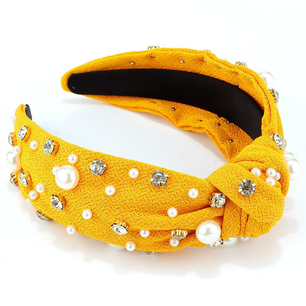AHONEY Pearl Headband Knotted Headband for Women Girls, Rhinestone Top Knot Crystal Headband Yell... | Amazon (US)