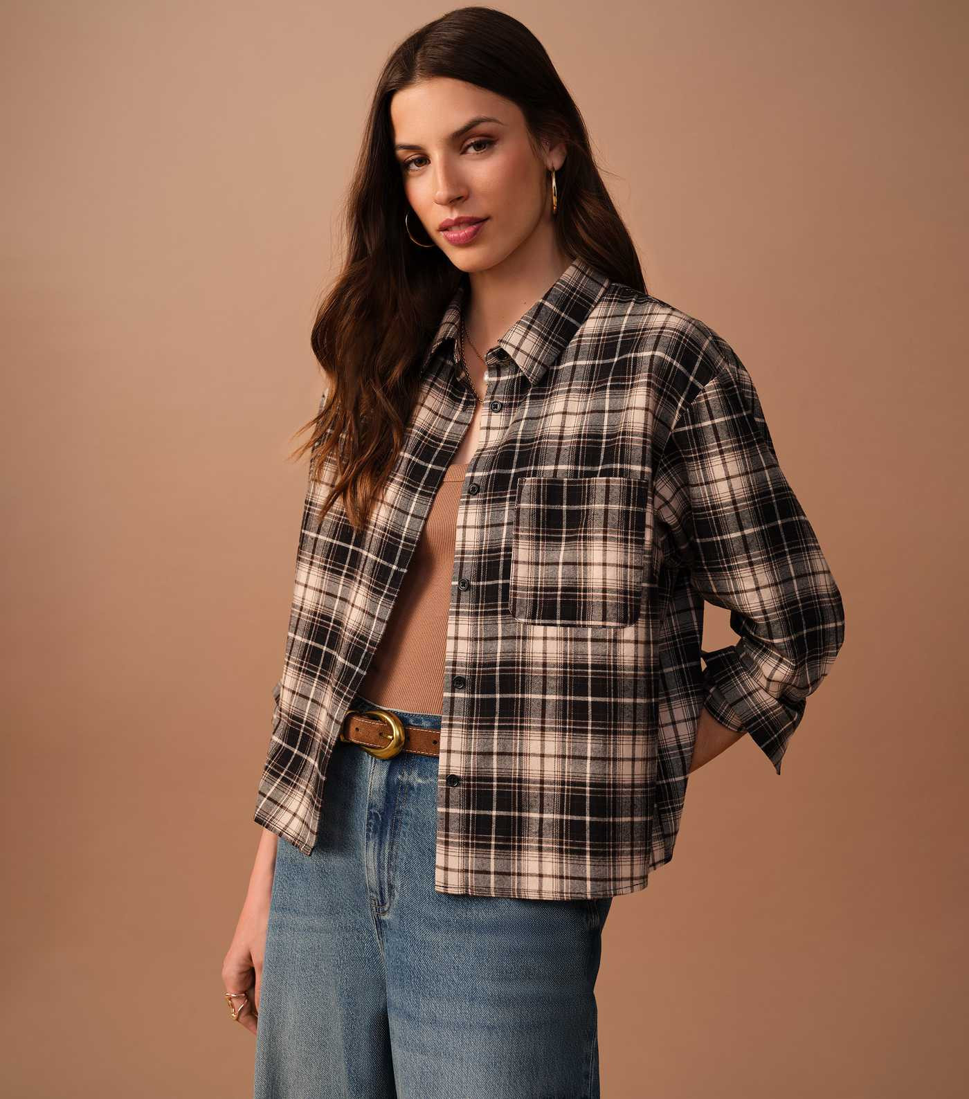Black Check Print Long Sleeve Cropped Shirt | New Look | New Look (UK)