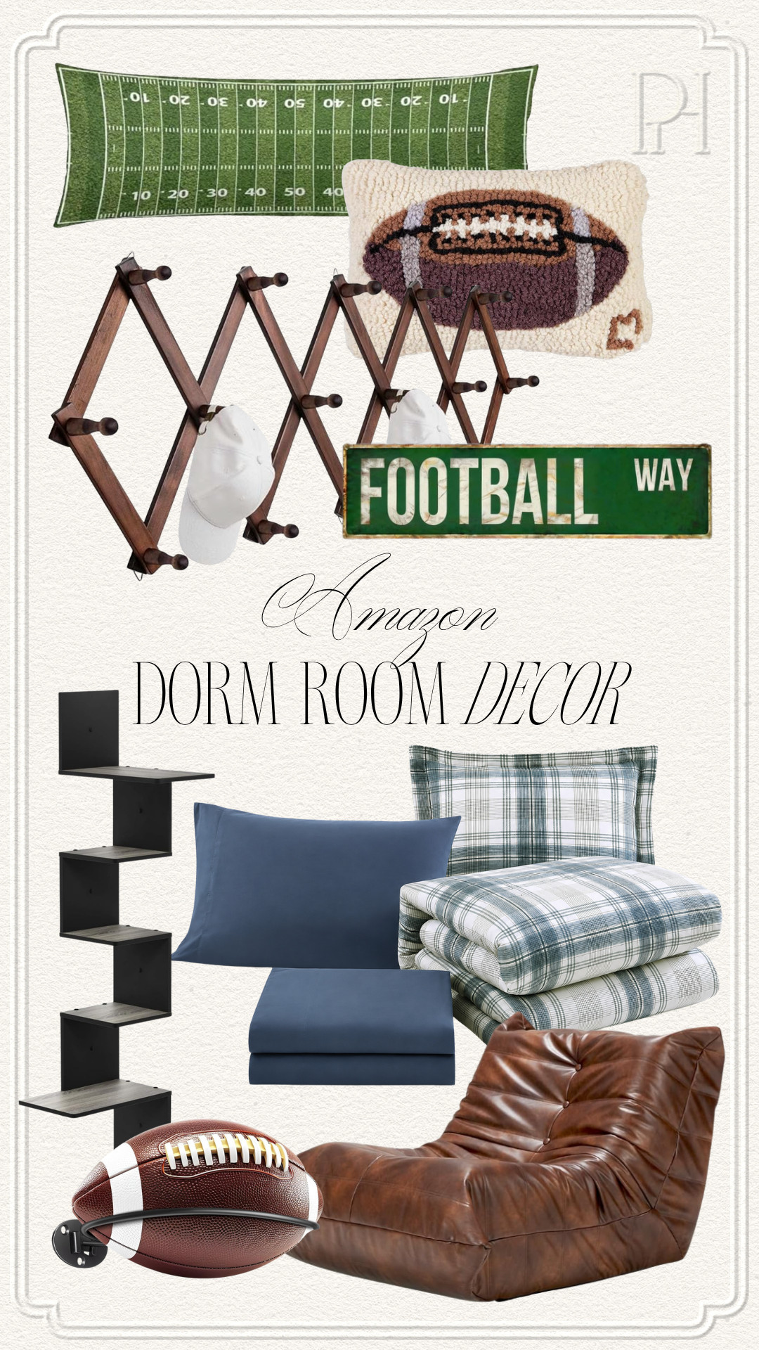 Amazon dorm room decor for the guys!

football decor, teen boy bedroom, boy's bedroom, football throw pillow, wall hooks, coat rack, plaid beddings, blue bedding, boys bedding, shelving unit, leather lounge chair, floor chair, football shelves, ball display, street sign decor, college dorm room 

 #LTKmomlife #LTKSeasonal #LTKKids