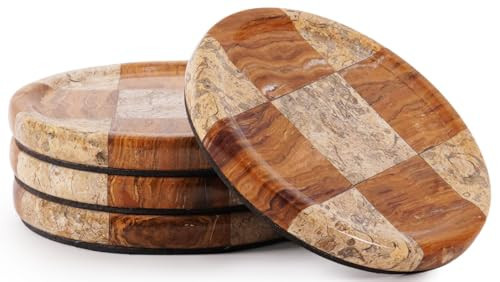 EarthenTones Marble Coasters Set of 4, Coral & Red Handmade 4 inch Round Natural Marble Coaster, Elegant Drink Checkered Coaster Plates for Coffee Table, Stylish Bar Accessories & Home Décor | Amazon (US)