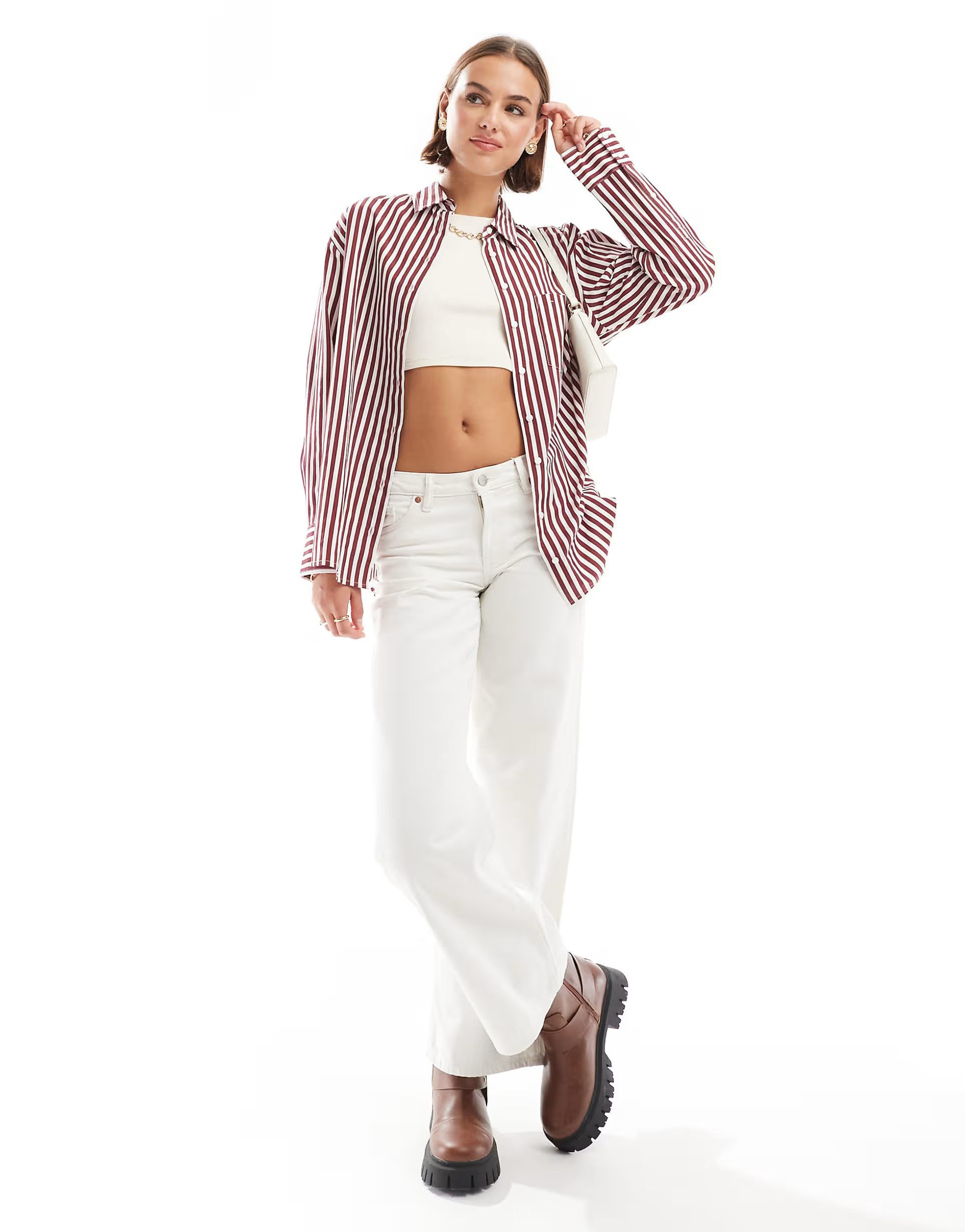 Stradivarius oversized shirt in dark red stripe | ASOS (Global)