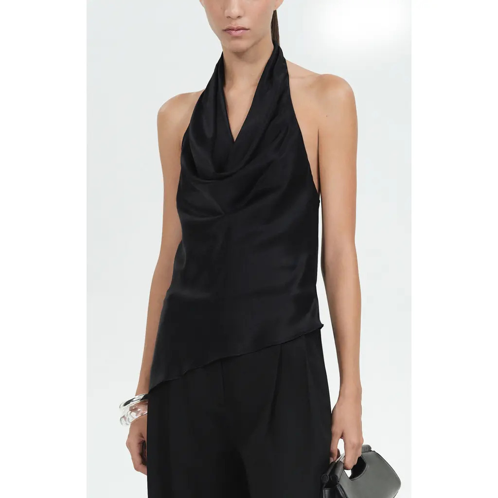 MANGO Luc Draped Satin Halter Top in Black at Nordstrom Rack, Size Small | Nordstrom Rack