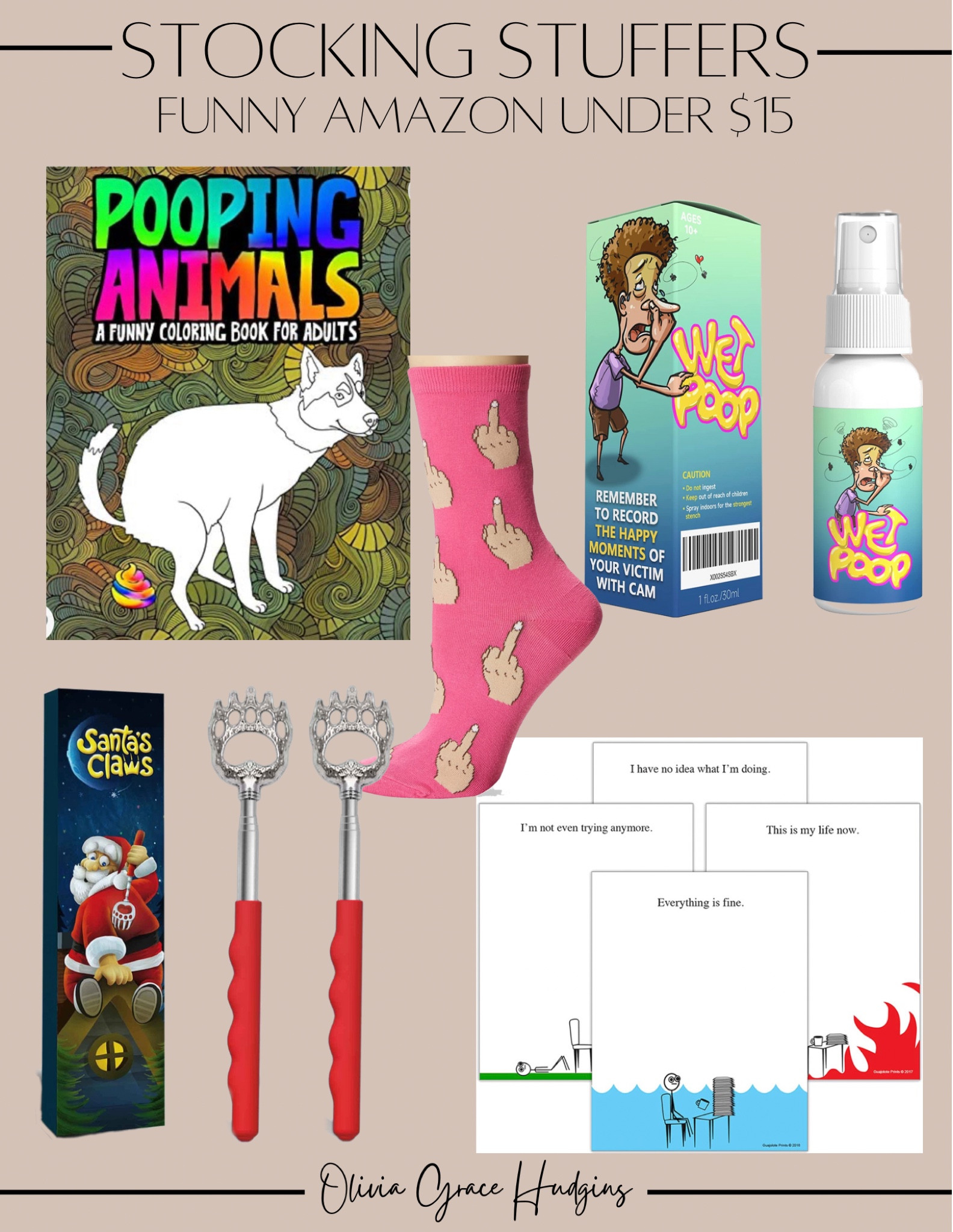 Funny stocking stuffers from Amazon! Fart spray , coloring book , funny notepads , funny socks , back scratcher , for the teens and young adults 

#LTKHoliday #LTKGiftGuide