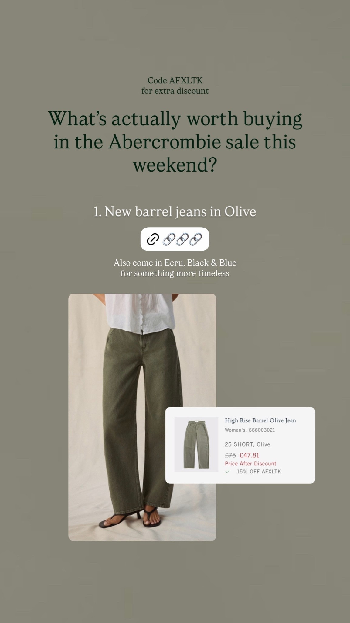 Abercrombie sale - Code AFXLTK for extra discount - I wear size 25 Short in the barrel jeans

#LTKuk #LTKautumn #LTKstyletip