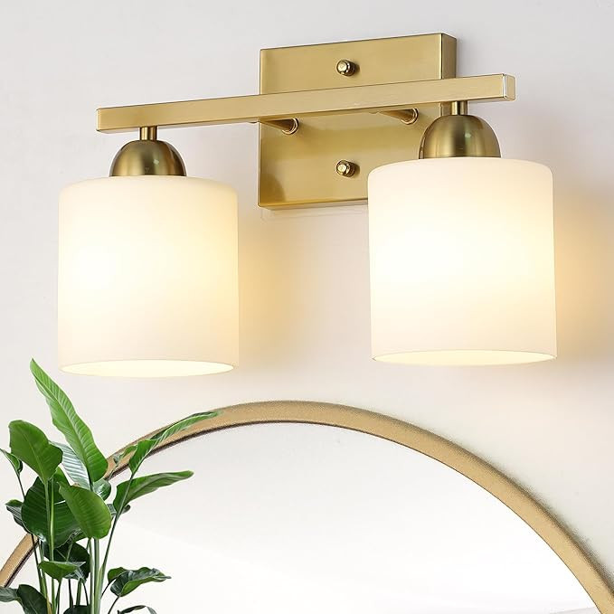 Stainless Steel Milk Glass Bathroom Vanity Light Over Mirror, 2 Light Brushed Gold Bathroom Light... | Amazon (US)
