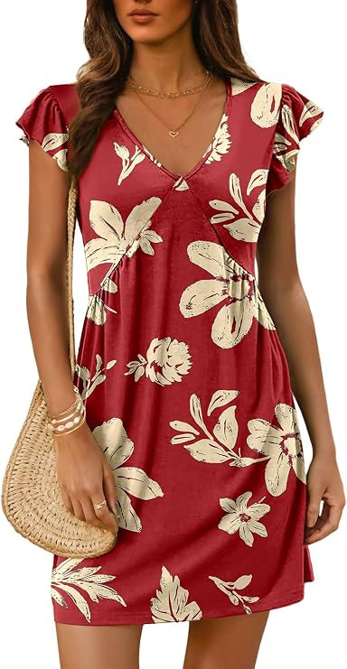 Dokotoo Women's Summer Dresses Beach 2026 Casual Deep V Neck Loose Sundress Ruffle Sleeve Mini Dr... | Amazon (US)