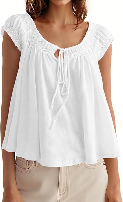 Tankaneo Women Summer Tie Front Tank Tops Cap Sleeve Pleated Babydoll Tops Casual Loose Fit Going... | Amazon (US)