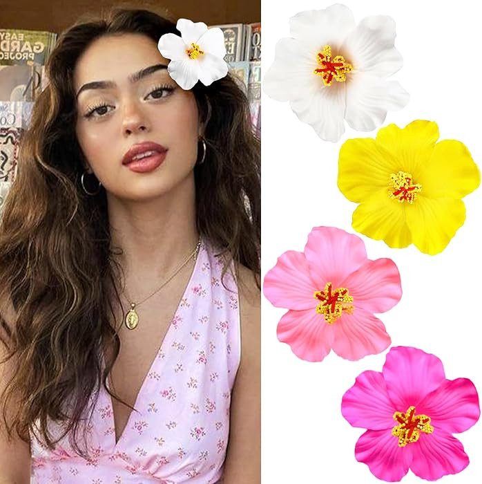 4Pcs Hawaiian Flower Hair Clips for Women,Plumeria Hibiscus Hair Clips Rose Hair Barrettes 3.5 In... | Amazon (US)