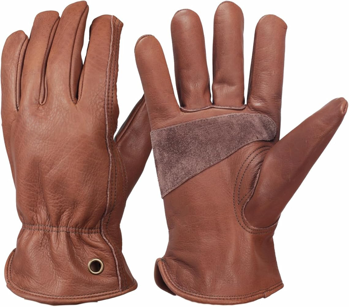 Retro Brown Cowhide Leather Work Gloves for Construction, Yardwork, Gardening with Reinforced Pal... | Amazon (US)